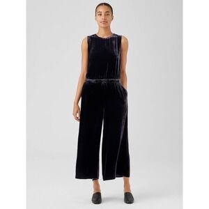 Eileen Fisher black crushed‎ velvet scoop neck wide-leg jumpsuit XXS